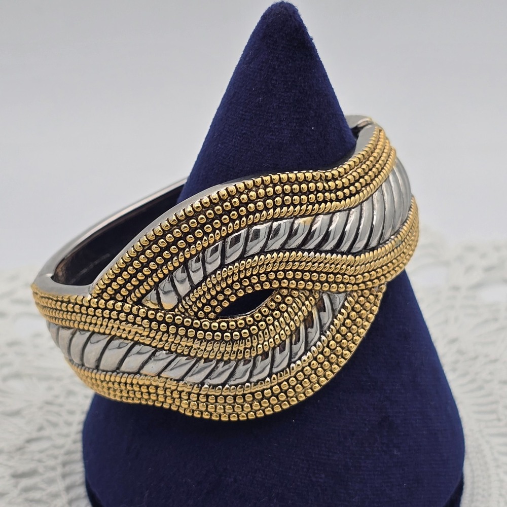 Two Tone Woven Bangle Bracelet Wide Textured Silver Gold Tone Mixed Metals
